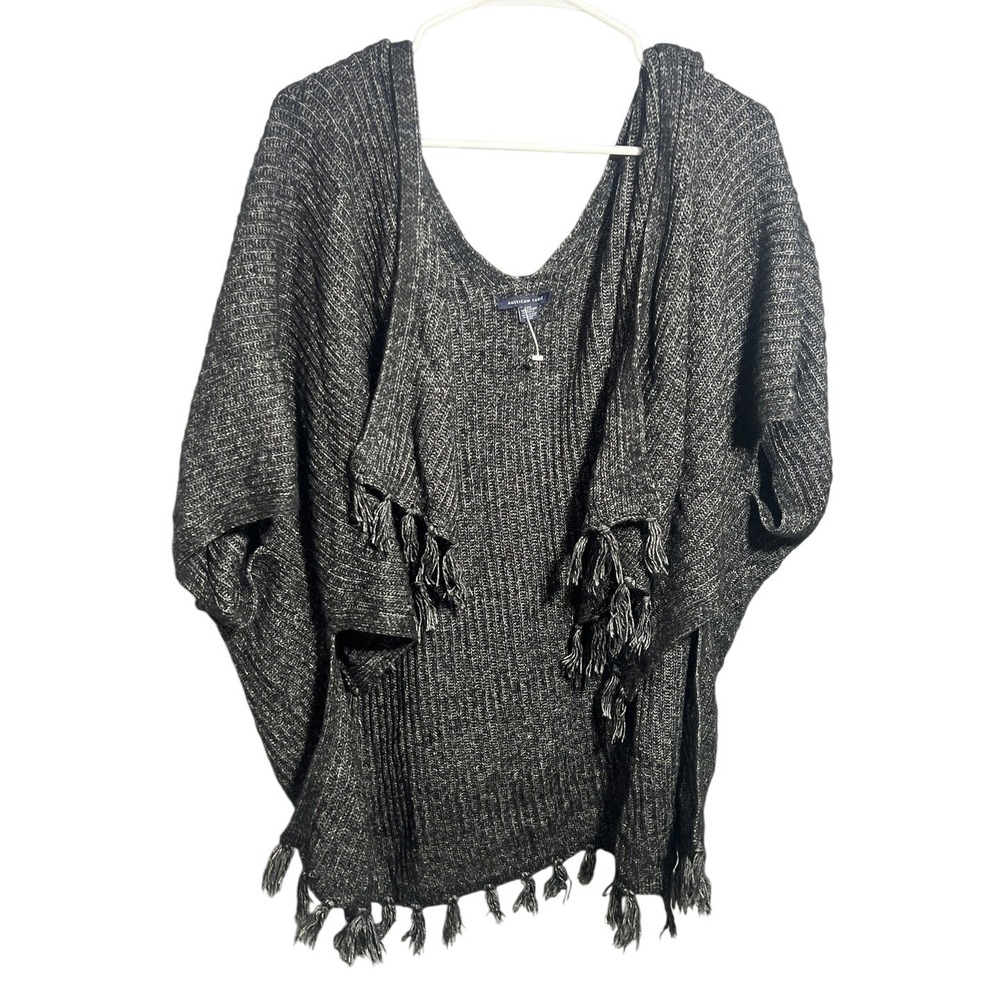 American Eagle Outfitters Women's O/S Heather Gray Hooded Poncho Sweater Tassel